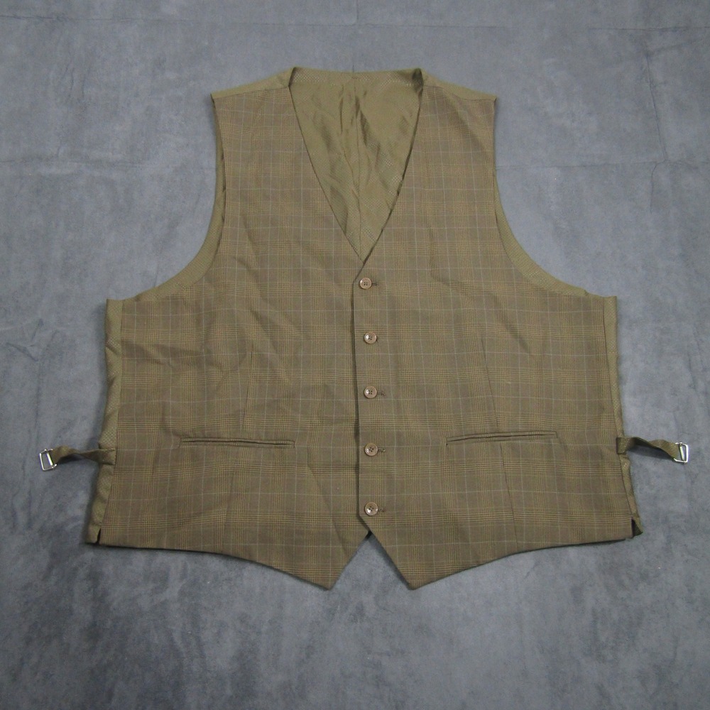 Suit Vest Men 52R Olive Green Plaid Formal Waistcoat Adjustable Cinch Wedding